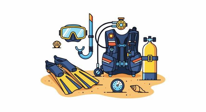 Scuba diving equipment and accessories arranged on a sandy surface