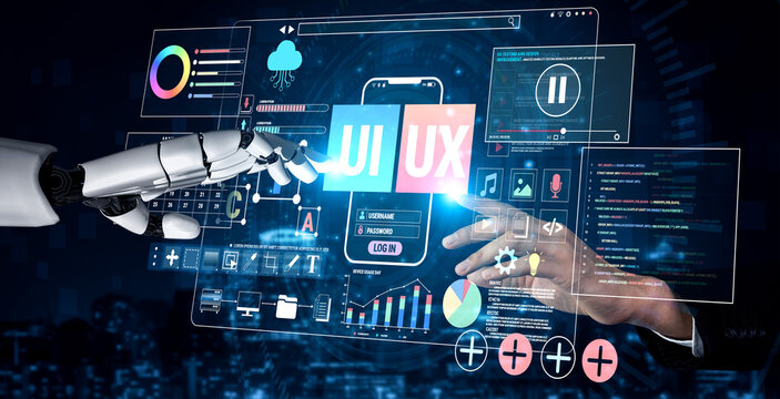 Futuristic Robot Hand Interacting with User Interface and User Experience Digital Display in Modern Technology Setting Fluxor.