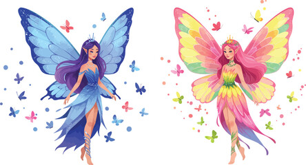 Obraz premium Two colorful fairy illustrations with butterfly wings and flowers