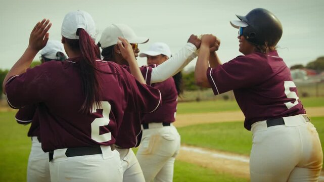 Female baseball players celebrate a successful play with high-fives and cheers. Their strong teamwork and joy are evident on the field after a victorious moment.