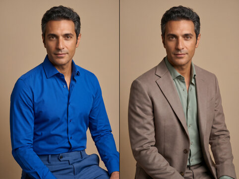 Split diptych same man unflattering vs correct Soft Autumn color season &mdash; bright blue vs muted taupe sage, warm skin harmony comparison