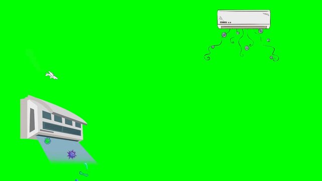 Red driving modern cars and blowing cold air conditioners installations 2d animated cartoon on green screen chroma key background. high quality loop cycle vector illustration animation