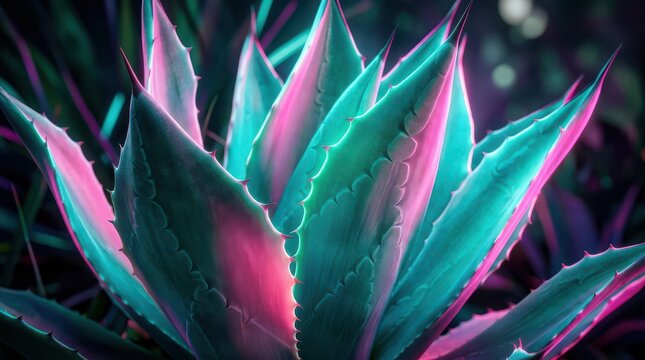 Colorful agave plant leaves with pink and green lighting