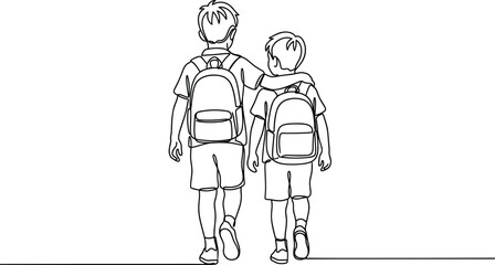 Obraz premium Continuous line drawing of two schoolboys walking together with backpacks.