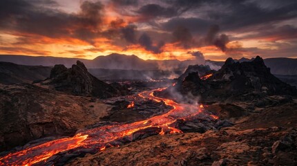 Fototapeta premium Volcanic lava river flowing through dark rocky terrain under dramatic sunset sky, cinematic apocalyptic landscape with glowing molten textures 