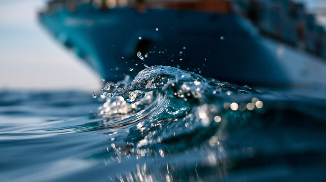 Close-up of the bow of a large ocean container ship cutting through calm blue sea water, the massive hull and wave displacement at the waterline emphasizing the power and scale of modern