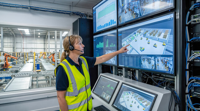 Female logistics manager wearing headset and yellow safety vest pointing at world map dashboard monitoring automated factory warehouse operations in control room