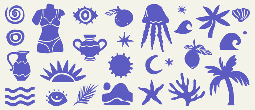 Boho summer set. Naive spiritual geometric palm tree, sun, woman silhouette, waves and corals emblem. Retro coastal prints, summer beach symbol or icon, naive vignetting hand drawn vector illustration