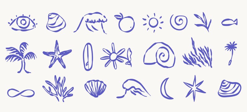 Hand drawn doodle beach and surf vector illustration set. line naive coastal icons like palm trees, waves, spiritual design elements and sun. Summer designs for t-shirts, posters, and placard prints.