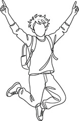 Fototapeta premium Minimalist continuous line drawing of a happy student jumping with a backpack.