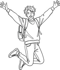 Fototapeta premium Happy young man student jumping with backpack line art coloring page.