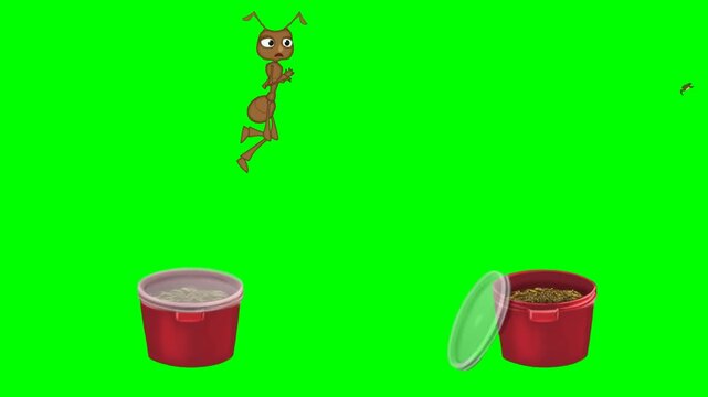 Fast running red ants and human hands interacting with a plastic bucket 2d animated cartoon on green screen chroma key background. high quality loop cycle vector illustration animation
