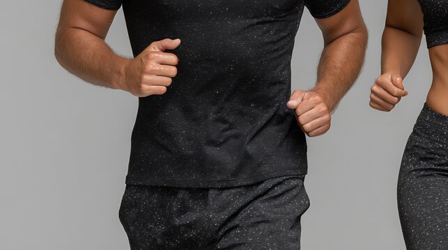 Athletes in tight black athletic gear demonstrate proper running form as they jog forward against a clean gray background that provides ample copy space for promotional text or branding requirements.