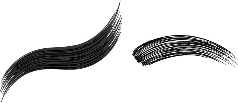 A single curved paint stroke in deep obsidian black contrasts sharply against a pure white background, showcasing heavy internal texture and finely split high-contrast ends optimized for vectorization