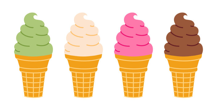 Ice cream dessert set with raspberry, pistachio, chocolate and vanilla flavors in waffle cone cups. Tasty flat style frozen treats for menus, packaging and summer branding. 