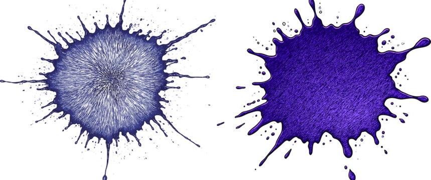 A striking deep midnight violet watercolor blot exhibits intense dry scratching and high-contrast edges on a solid white background, perfectly optimized for easy vector tracing