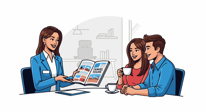 A travel agent shows a couple a brochure for travel tours while they enjoy coffee