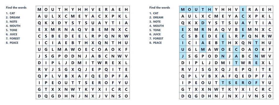 Word Search Puzzle Letter Grid Find Hidden Words Vocabulary Worksheet Black White Vector