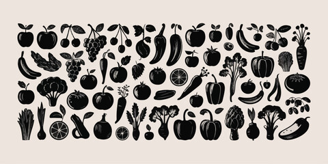 Fototapeta premium Whimsical black and white silhouette illustration of various fruits and vegetables on a light background for healthy eating.