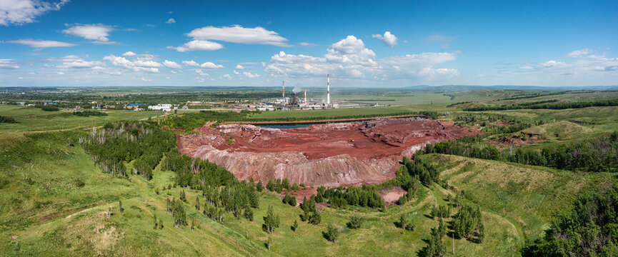 Southern Urals, pyrite cinder dump of the Meleuz mineral fertilizers plant. Aerial view.