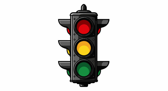 A vertical traffic signal with red, yellow, and green lights illuminated