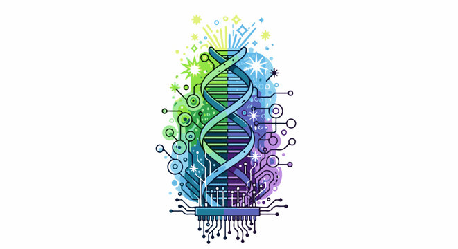 A vibrant, abstract illustration merges DNA helix with circuit board elements, glowing with color