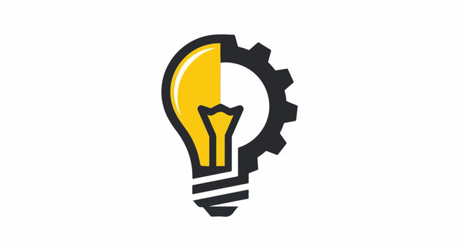 A stylized lightbulb merges with a gear, symbolizing innovation and industry