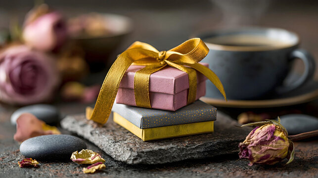 A small stack of elegant gift boxes tied with a shimmering gold ribbon rests on a slate stone, surrounded by dried roses and a blurry coffee cup