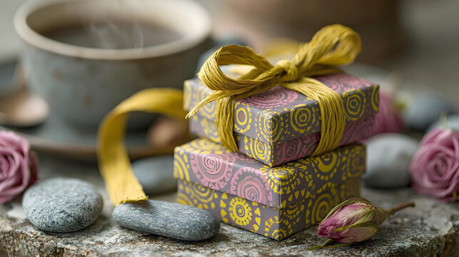 A small stack of elegant gift boxes tied with a shimmering gold ribbon rests on a slate stone, surrounded by dried roses and a blurry coffee cup