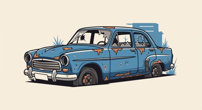 A vintage blue sedan with rust, flat tires, and broken windows sits abandoned outdoors
