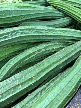 fresh green leaves The vegetable shown is Ridge Gourd, also known as Angled Luffa or Petola in Malaysia.