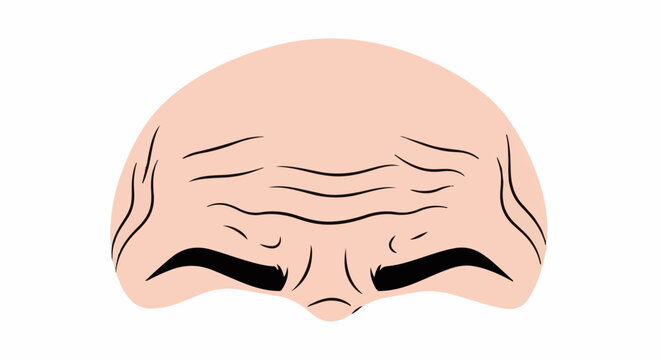 A stylized, pale pink face, mostly bald, with drawn black lines
