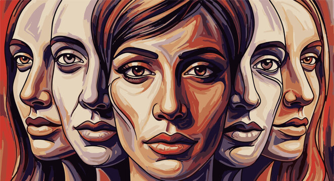 A stylized, pixelated mosaic of a woman's face with multiple overlapping profiles, conveying emotion and complexity