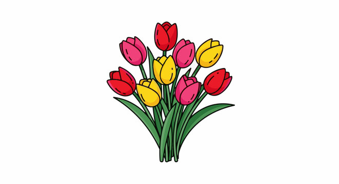 A vibrant bouquet of cartoon-style tulips in red, yellow, and pink hues