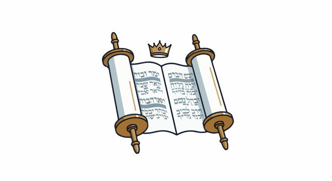 A stylized illustration of an open scroll with Hebrew text and a small crown on top