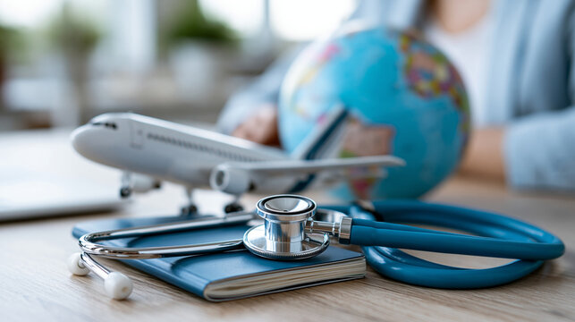 Close-up of a stethoscope, passport, airplane and globe arranged together, healthcare and travel insurance concept, medical travel photography, global health insurance