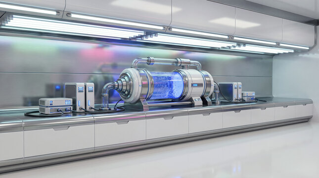 Futuristic science laboratory environment featuring advanced glowing blue liquid containment tank connected with metallic pipes machinery inside sterile white research facility room