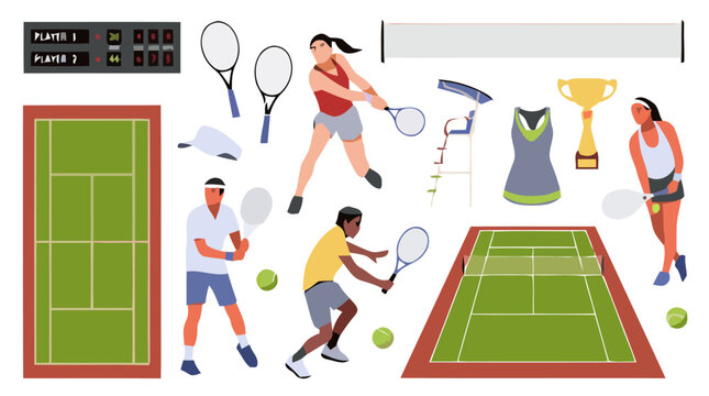 Tennis, tennis equipment, court, players, icons, set of 25 vector graphics, sports, rackets, balls