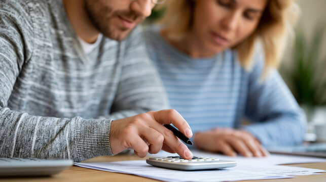 Close-up of a couple calculating utility payment bills with concern, financial stress concept, household budget photography, financial planning for healthcare, defocused