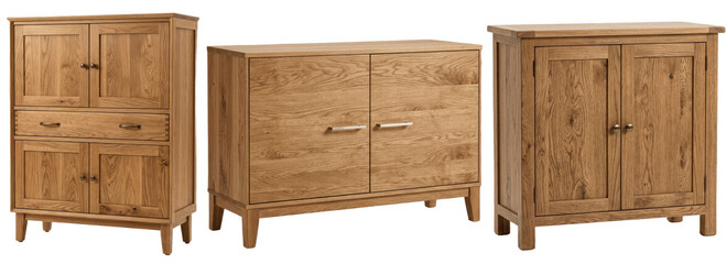 A Set of oak storage cabinet PNG visuals showing rustic cupboards and sideboards for living room furniture catalogues, interior styling and decor mockups   © Sofia