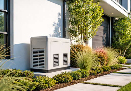 Backup generator and heat pump beside modern luxury house exterior