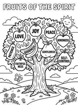 Fruits of the Spirit Christian Coloring Page for Kids - Inspirational Christian coloring page featuring the Fruits of the Spirit tree.