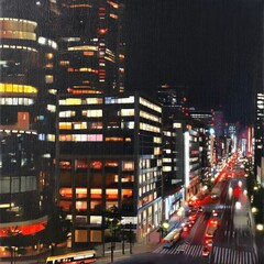Fototapeta premium City Street at Night With Bright Lights and Busy Traffic in Urban Area