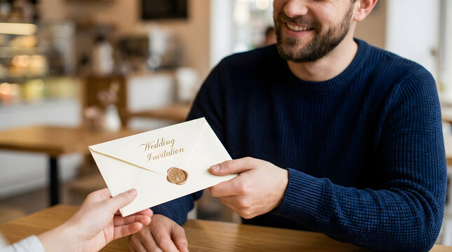 Man receiving wedding invitation isolated on transparent background