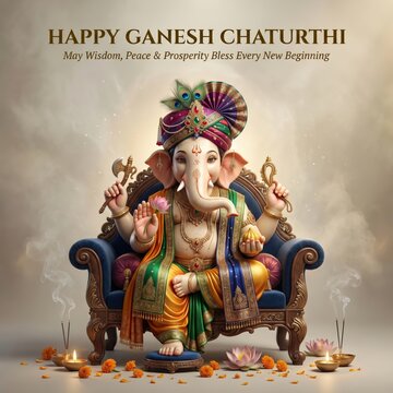 Lord Ganesha adorned in vibrant attire seated on an ornate blue chair holding an axe and lotus flower with offerings of incense and marigolds ganesh chaturthi