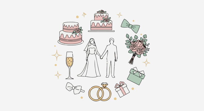 A wedding celebration with cakes, rings, gifts, champagne, and a couple holding hands