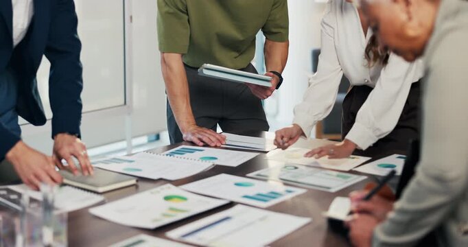 Paperwork, hands or business people in meeting with data analysis, writing idea or tablet for planning. Team, collaboration and strategy in office with documents, tech or graphs for statistics notes.