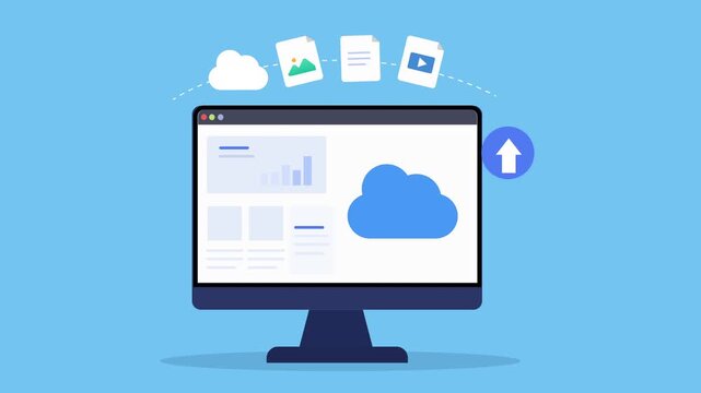 Animated flat dashboard interface featuring cloud storage elements, upload action icon, desktop monitor, and modern digital technology workspace scene.