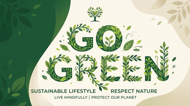 Dynamic eco poster featuring "Go Green" text made of leaves with abstract green waves and a small tree icon