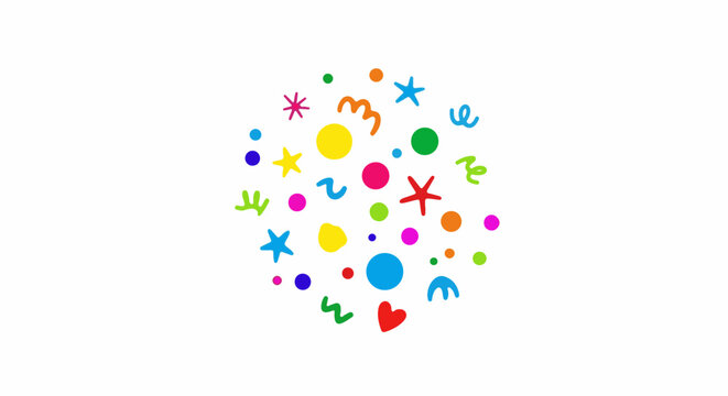A whimsical, circular arrangement of colorful, hand-drawn shapes and dots on a white background